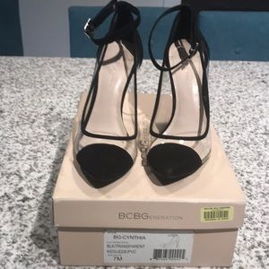 BCBG Cynthia black suede and clear pumps